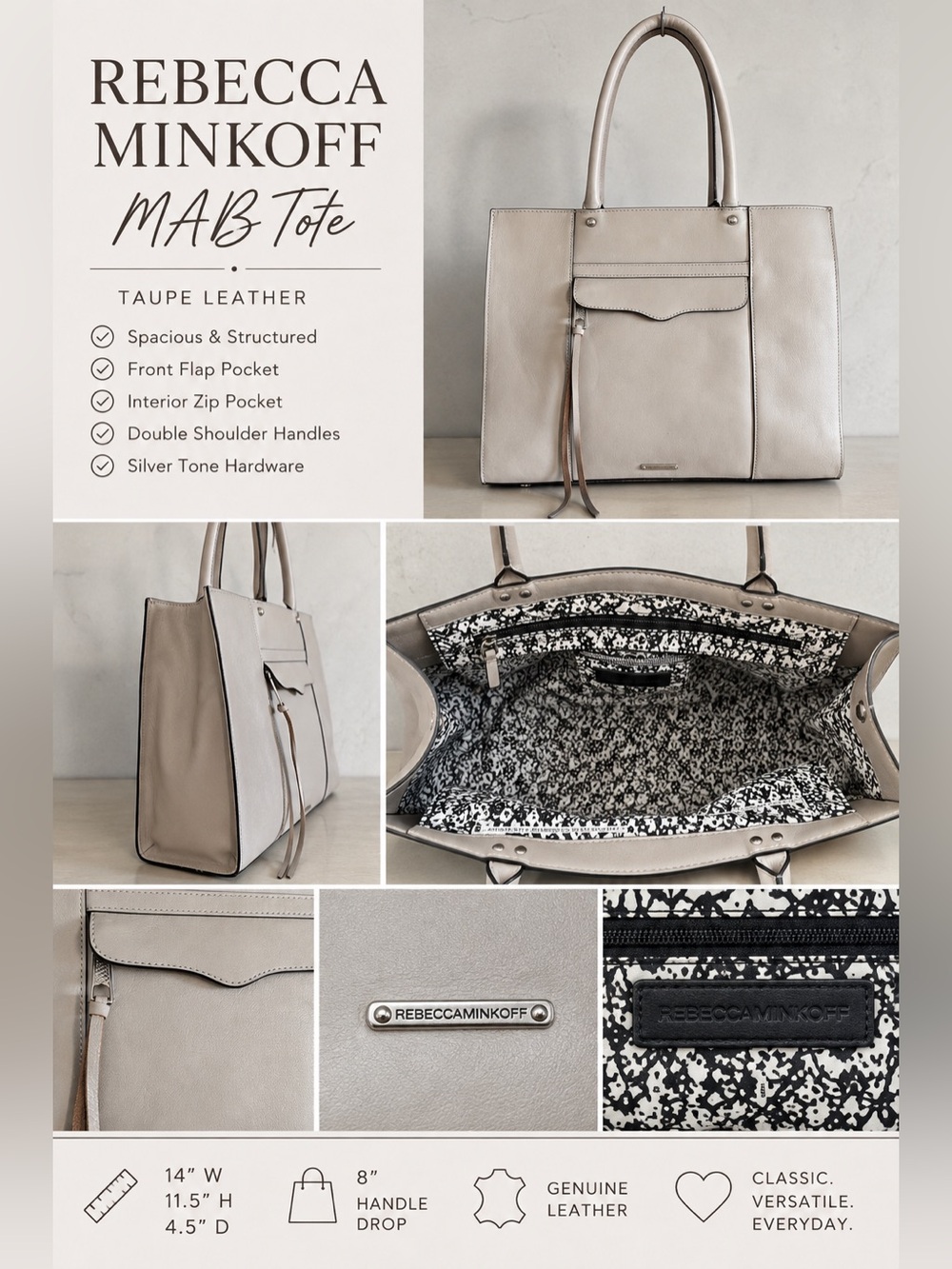 Rebecca Minkoff MAB Tote Taupe Leather Large Structured Shoulder Bag